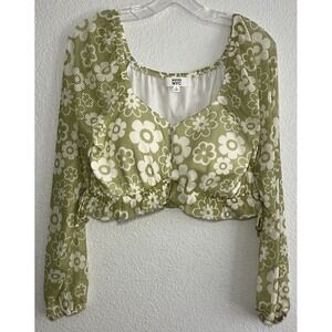 Madden NYC Floral Crop Top Long Sleeve Sage Green Retro Y2K Style Size L